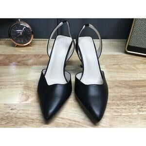 H Halston Gala Women's 6.5 Black Vegan Leather Pointed Toe Slingback Spool Heels